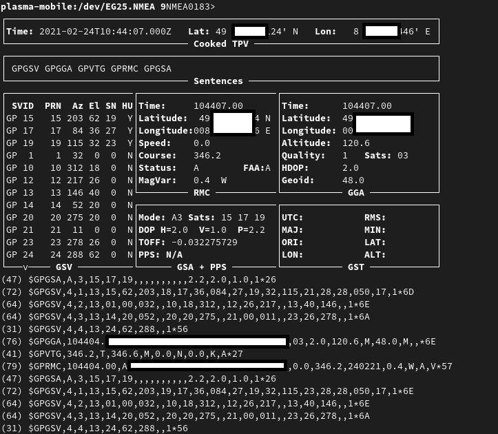 gpsmon decoding GPS data from /dev/ttyUSB1